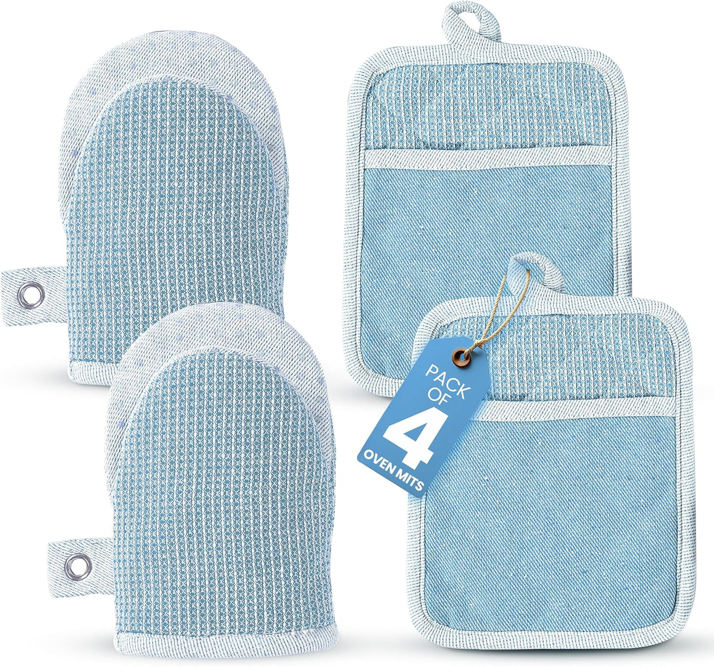 Casa Platino BBQ Gloves & Potholders Set, 4Pc Kitchen Mitts for Oven & Baking, Pot Holder for Hot Pots & Dishes – Heat Resistant Up to 500°F, Non-Slip & Machine Washable – Cornflower